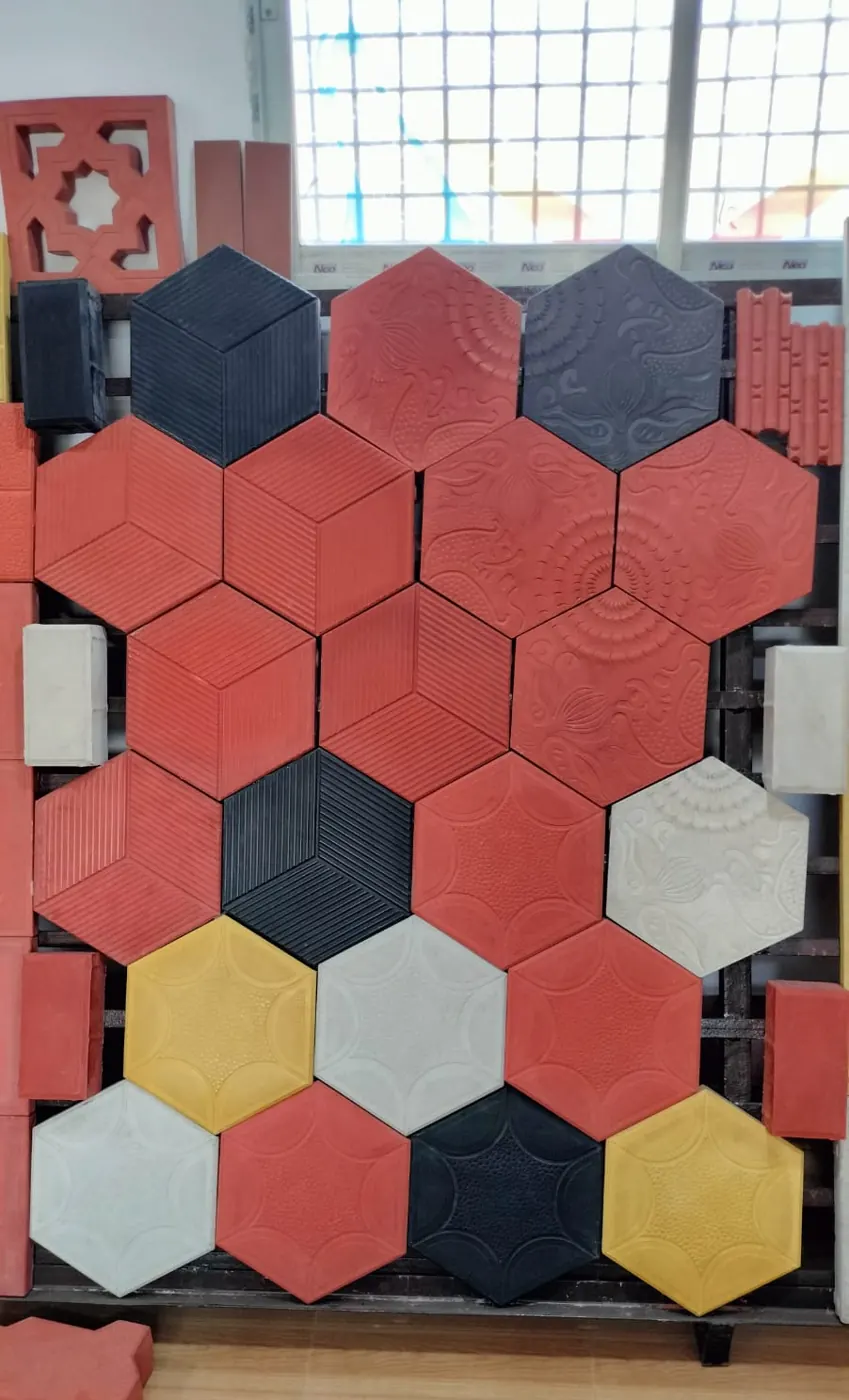 Hexagon paver blocks laid in red, black, white and yellow