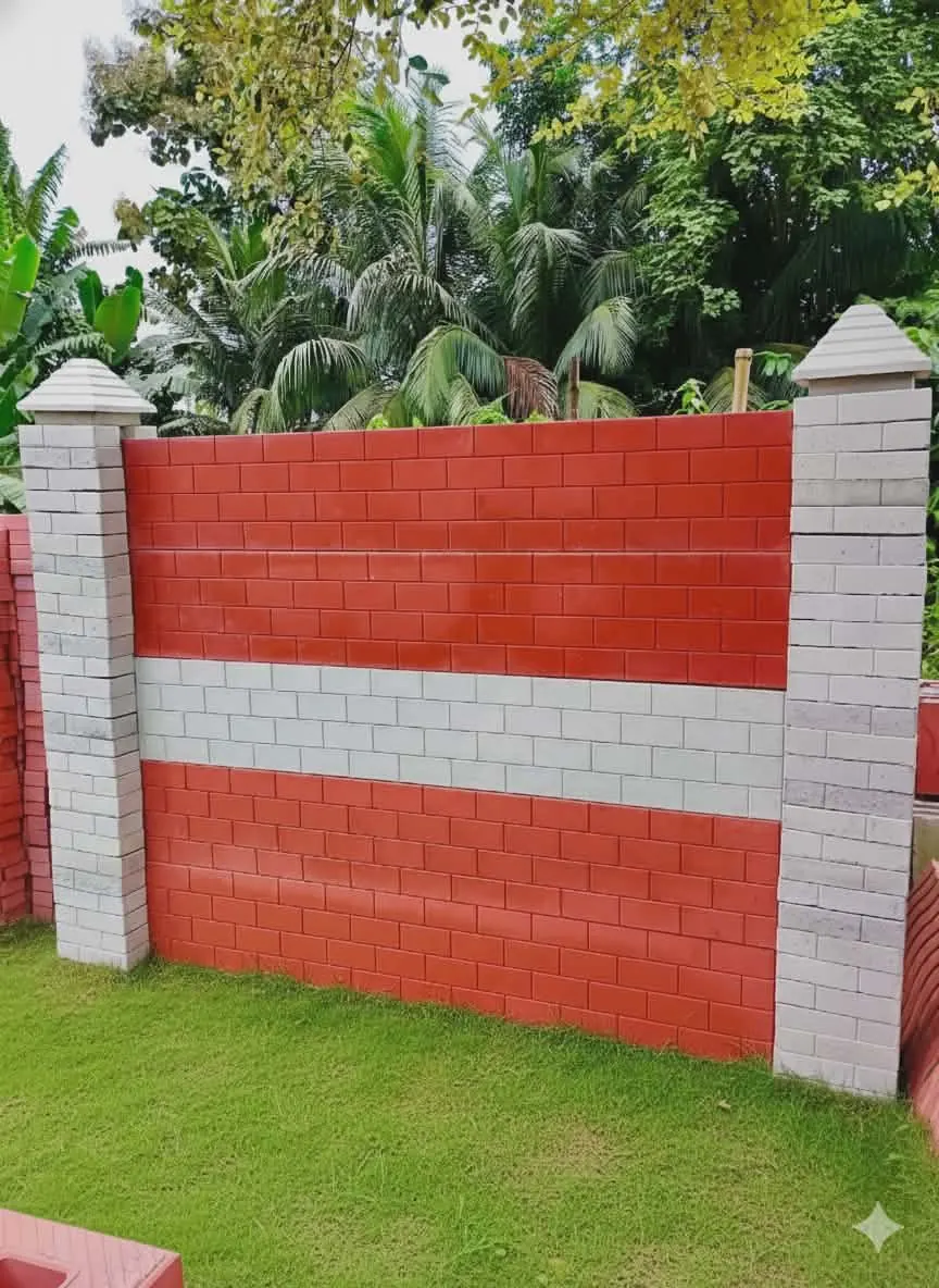 Red and white panel boundary wall with grey pillars